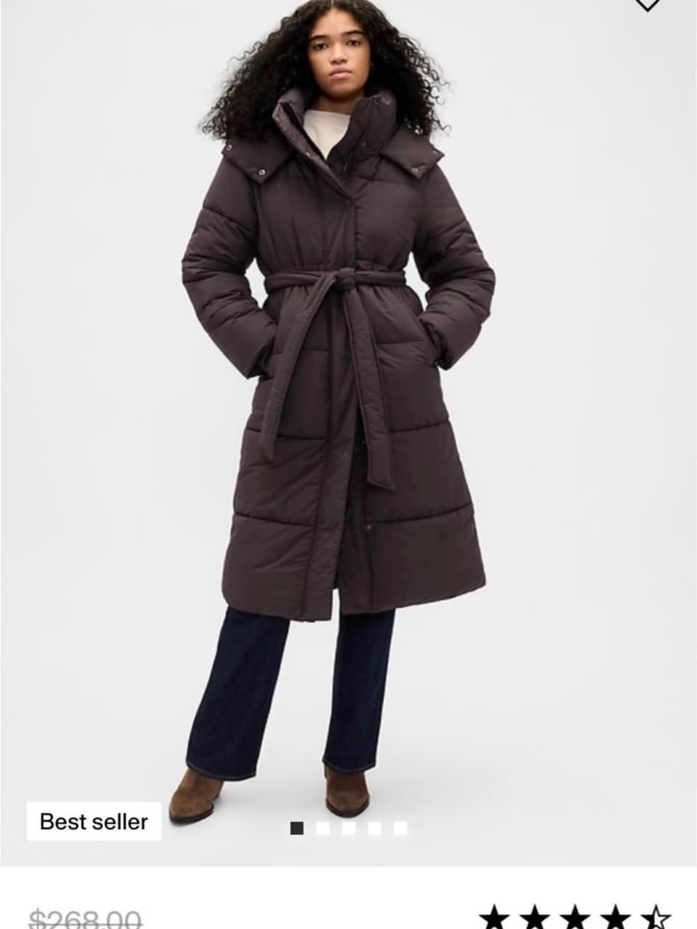 GAP Long Belted Puffer Coat in Dark Brown